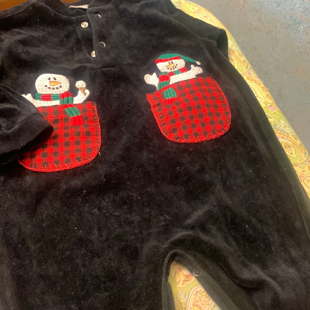 Holiday romper - black velour with embroidered snowmen